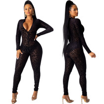 Sexy leopard print mesh flocked long sleeved jumpsuit