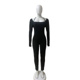 Solid color neck hanging long sleeved jumpsuit