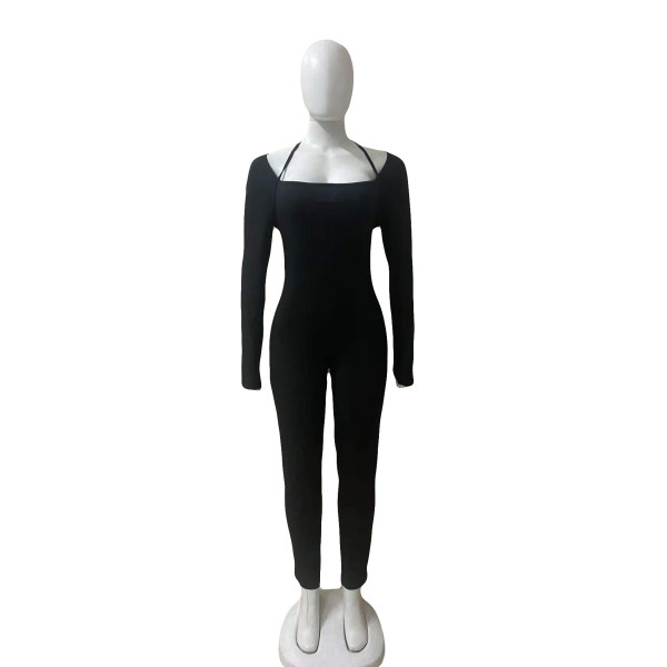 Solid color neck hanging long sleeved jumpsuit