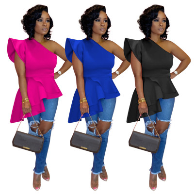 Single shoulder ruffled mesh red irregular top and T-shirt