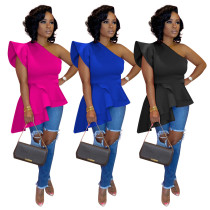 Single shoulder ruffled mesh red irregular top and T-shirt Single shoulder ruffled mesh red irregular top and T-shirt