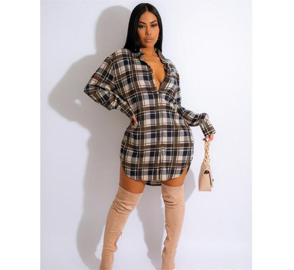 Loose classic plaid lapel shirt dress