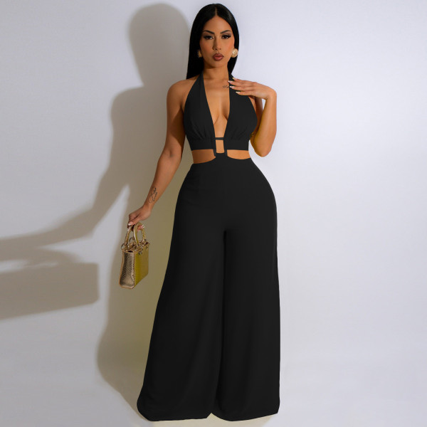 Solid color strapping neck wrap chest button wide leg jumpsuit