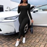 Solid color neck hanging long sleeved jumpsuit