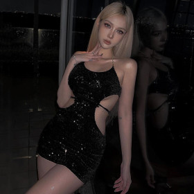 Chain tied waist sexy spicy girl nightclub hang neck wrap buttocks dress