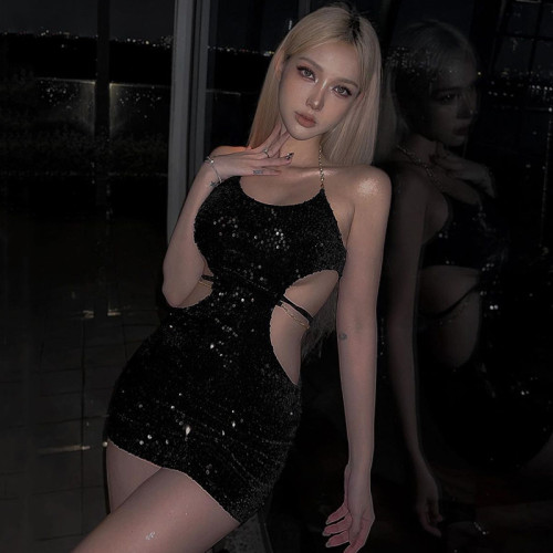 Chain tied waist sexy spicy girl nightclub hang neck wrap buttocks dress