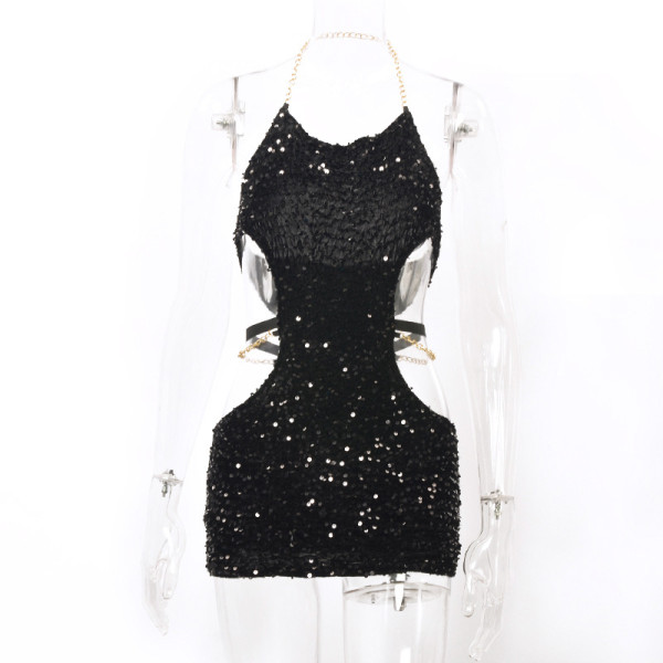 Chain tied waist sexy spicy girl nightclub hang neck wrap buttocks dress