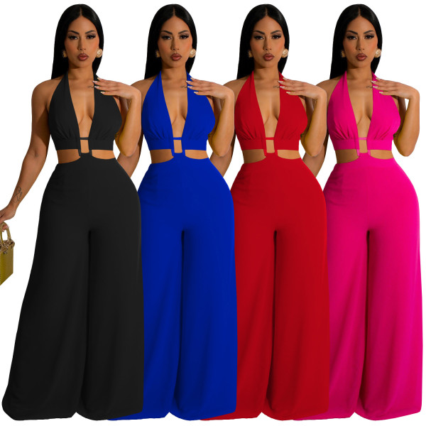 Solid color strapping neck wrap chest button wide leg jumpsuit