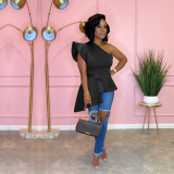 Single shoulder ruffled mesh red irregular top and T-shirt