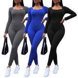 Solid color neck hanging long sleeved jumpsuit