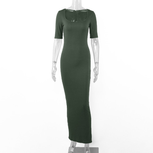 Square neck A-line high waisted slim fitting short sleeved fishtail dress