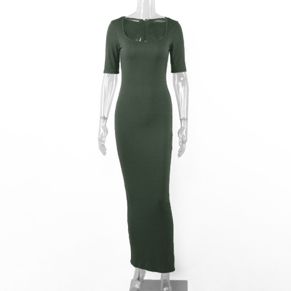 Square neck A-line high waisted slim fitting short sleeved fishtail dress