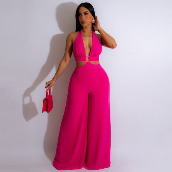 Solid color strapping neck wrap chest button wide leg jumpsuit