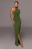 Solid color hanging neck long skirt pleated dress