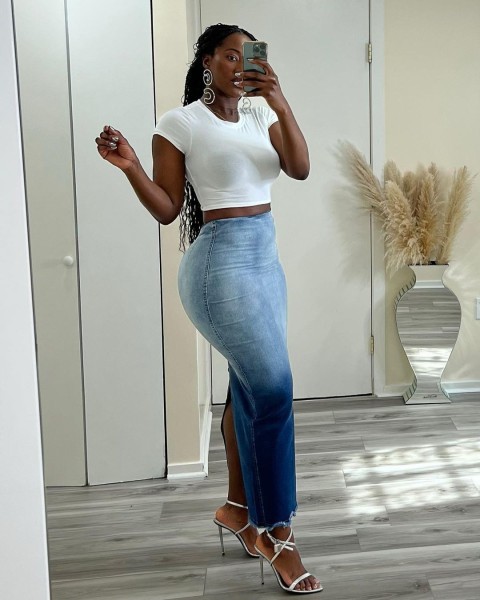 Burnt floral split tassel denim skirt