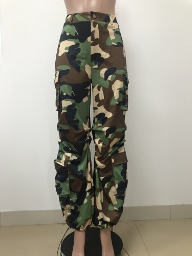 Women's cotton button zipper camouflage straight pants