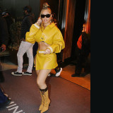 Solid color faux leather short top with high waist and buttocks short skirt set