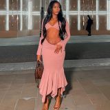 Long sleeved top, medium length irregular fishtail skirt, two piece set