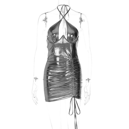 Hollow neck lace up pleated dress