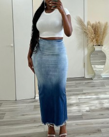 Burnt floral split tassel denim skirt