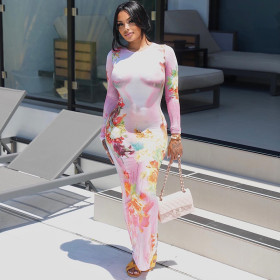 Printed Round Neck Pullover Long Sleeve Wrap Hip Long Skirt