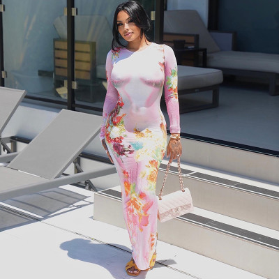 Printed Round Neck Pullover Long Sleeve Wrap Hip Long Skirt