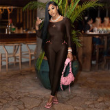 Printed U-neck long sleeved zippered jumpsuit