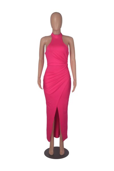 Solid color hanging neck long skirt pleated dress