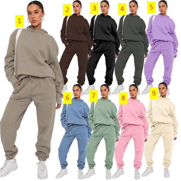 Solid color hooded long sleeved sweater and pants set