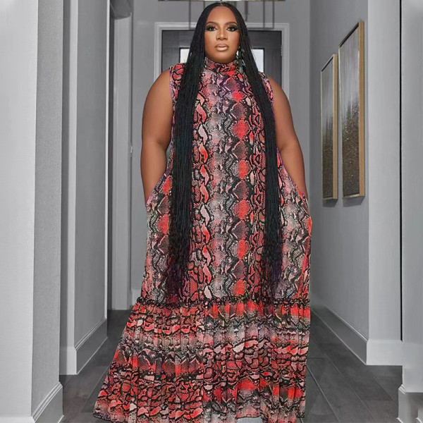 Standing collar sleeveless printed oversized women's fashion loose fitting long dress