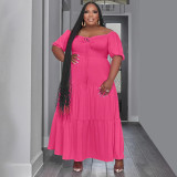 Solid color U-neck short sleeved loose fitting dress