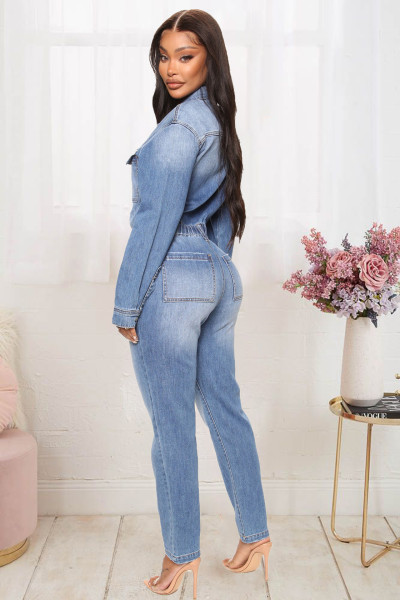 Slim fit elastic small foot wash denim jumpsuit jumpsuit