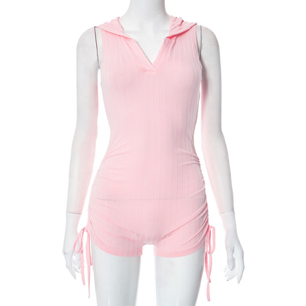 Tight V-neck hooded sleeveless pleated jumpsuit shorts