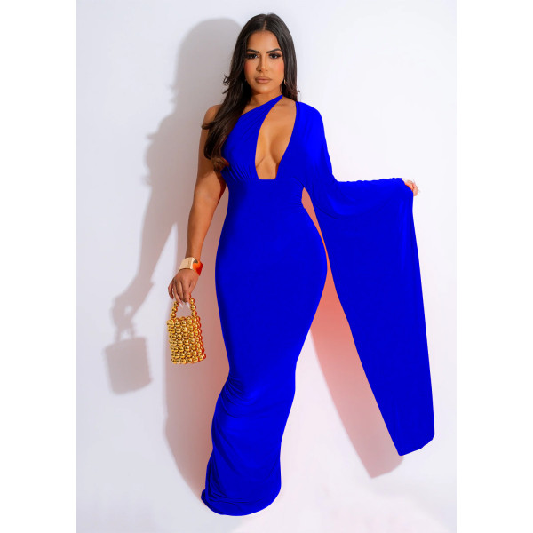 Women's solid color single shoulder sleeved open back long dress dress