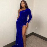 Skinny One Shoulder Long Sleeve Beaded Flare Dress
