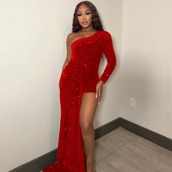 Skinny One Shoulder Long Sleeve Beaded Flare Dress