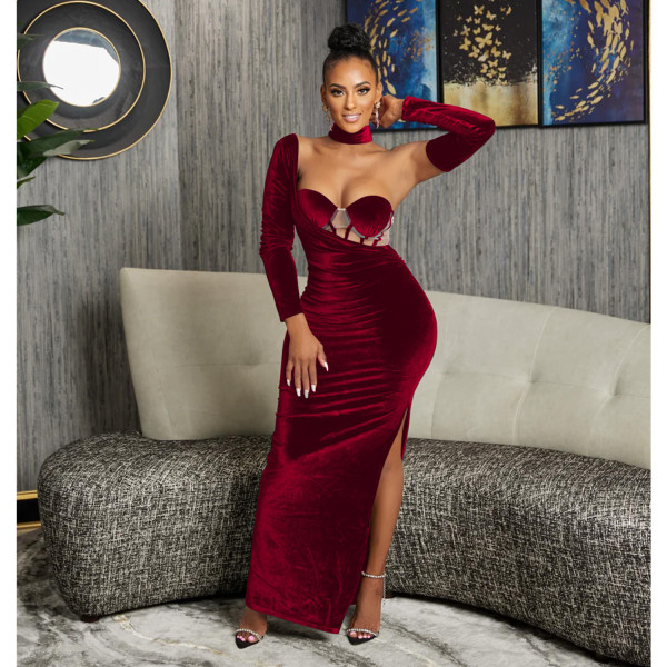 Women's solid color bra gloves dress long dress dress