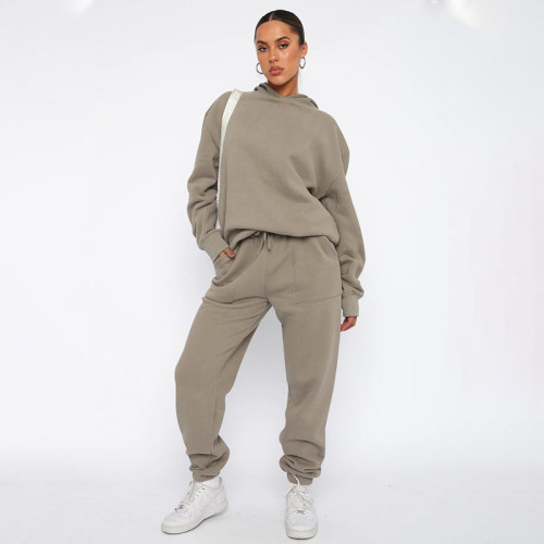 Solid color hooded long sleeved sweater and pants set
