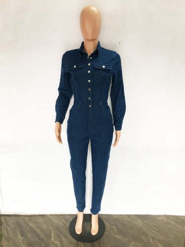 Slim fit elastic small foot wash denim jumpsuit jumpsuit