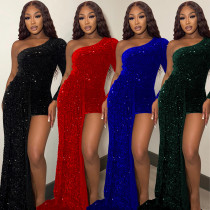 Skinny One Shoulder Long Sleeve Beaded Flare Dress