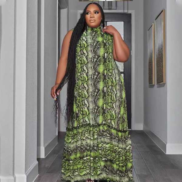 Standing collar sleeveless printed oversized women's fashion loose fitting long dress