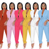 Solid color strapping long sleeved small suit top and leggings set