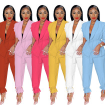 Solid color strapping long sleeved small suit top and leggings set
