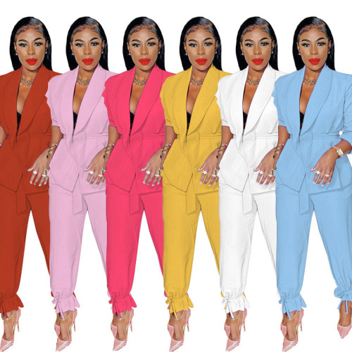 Solid color strapping long sleeved small suit top and leggings set