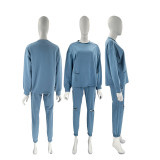Solid color perforated round neck pullover pants for women