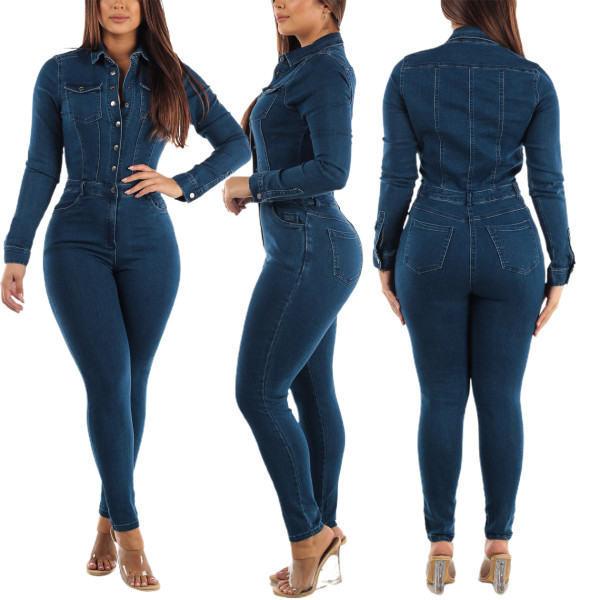 Slim fit elastic small foot wash denim jumpsuit jumpsuit