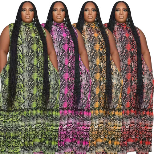 Standing collar sleeveless printed oversized women's fashion loose fitting long dress