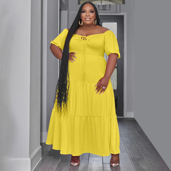 Solid color U-neck short sleeved loose fitting dress