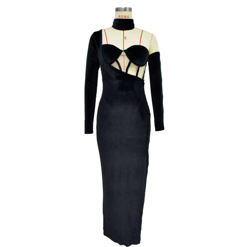 Women's solid color bra gloves dress long dress dress