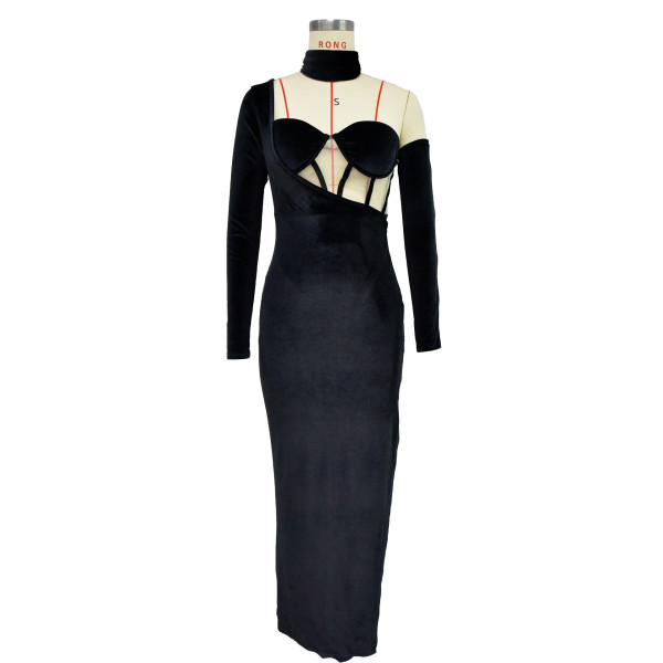 Women's solid color bra gloves dress long dress dress